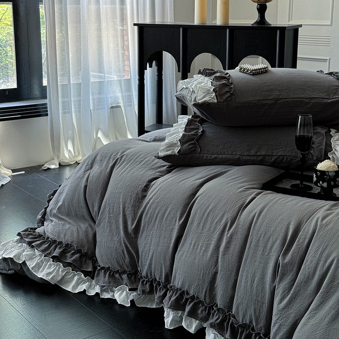 91家纺网 家纺一手货源 找家纺 缘生活 2025新款加厚水洗棉双层荷叶边四件套 双层荷叶边-深灰白