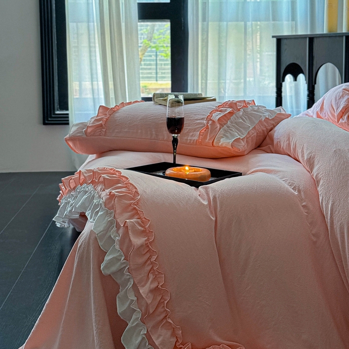 91家纺网 家纺一手货源 找家纺 缘生活 2025新款加厚水洗棉双层荷叶边四件套 双层荷叶边-粉白