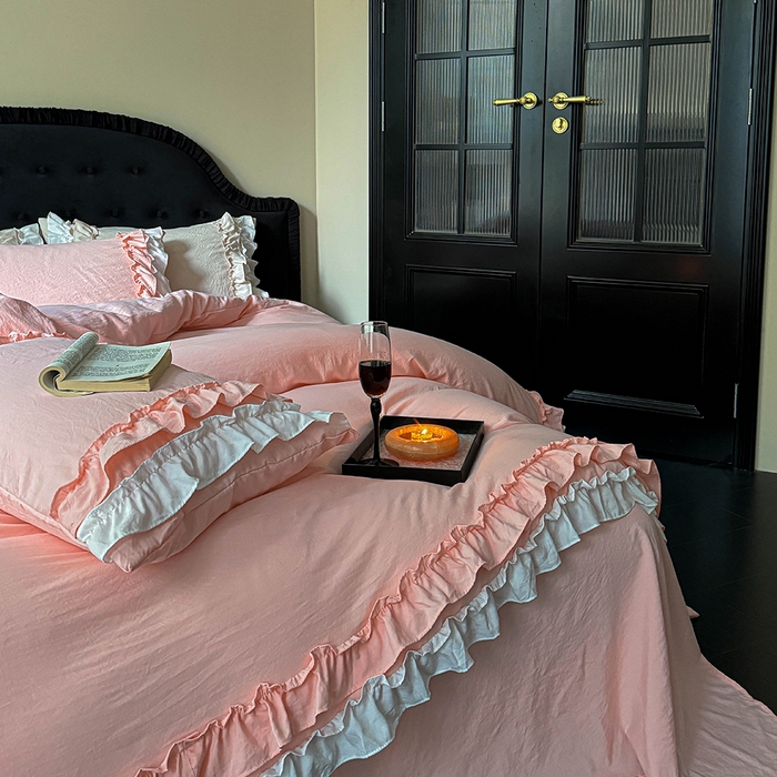 91家纺网 家纺一手货源 找家纺 缘生活 2025新款加厚水洗棉双层荷叶边四件套 双层荷叶边-粉白