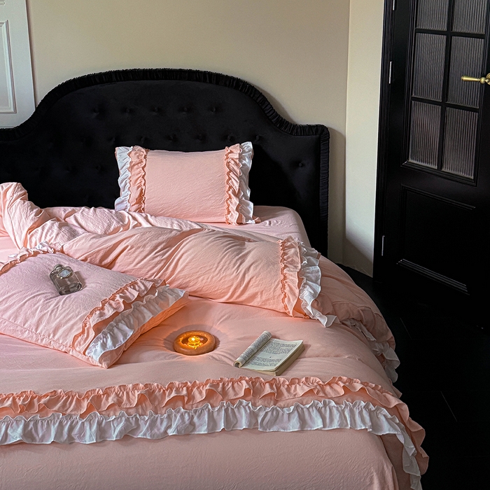 91家纺网 家纺一手货源 找家纺 缘生活 2025新款加厚水洗棉双层荷叶边四件套 双层荷叶边-粉白