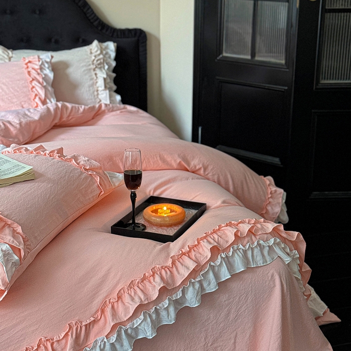 91家纺网 家纺一手货源 找家纺 缘生活 2025新款加厚水洗棉双层荷叶边四件套 双层荷叶边-粉白