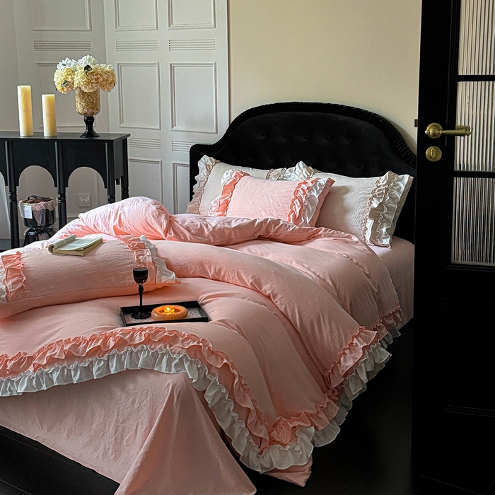 91家纺网 家纺一手货源 找家纺 缘生活 2025新款加厚水洗棉双层荷叶边四件套 双层荷叶边-粉白