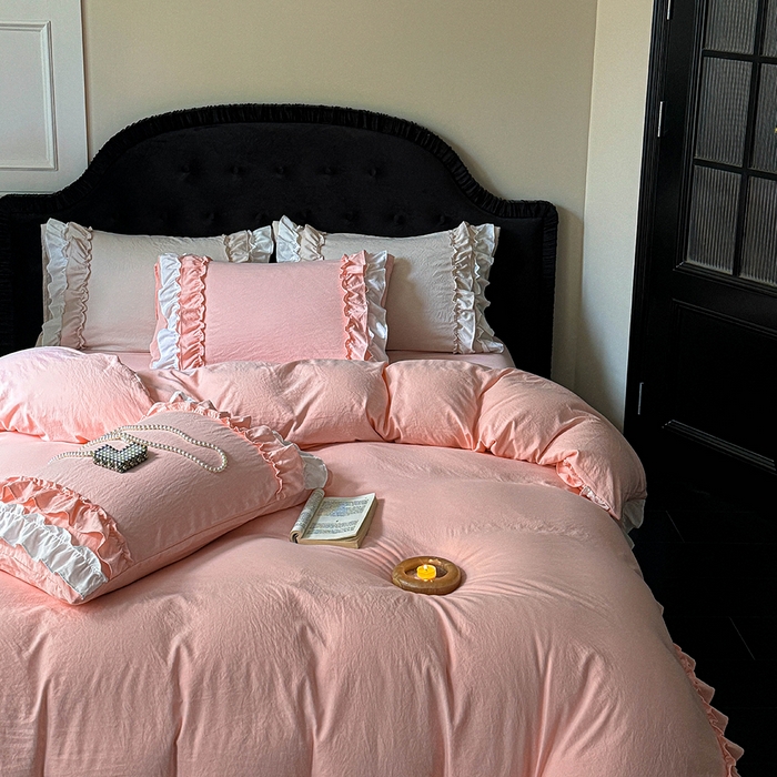 91家纺网 家纺一手货源 找家纺 缘生活 2025新款加厚水洗棉双层荷叶边四件套 双层荷叶边-粉白