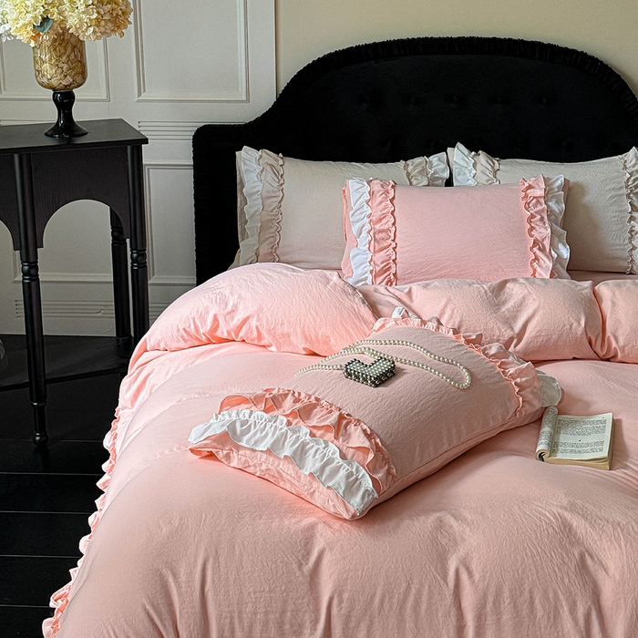 91家纺网 家纺一手货源 找家纺 缘生活 2025新款加厚水洗棉双层荷叶边四件套 双层荷叶边-粉白