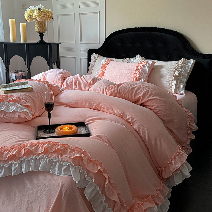 91家纺网 家纺一手货源 找家纺 缘生活 2025新款加厚水洗棉双层荷叶边四件套 双层荷叶边-粉白