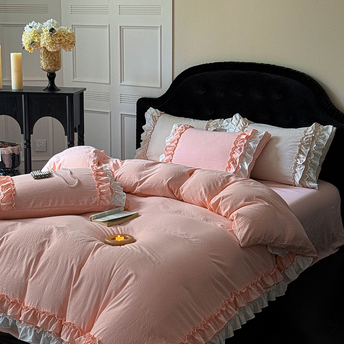 91家纺网 家纺一手货源 找家纺 缘生活 2025新款加厚水洗棉双层荷叶边四件套 双层荷叶边-粉白