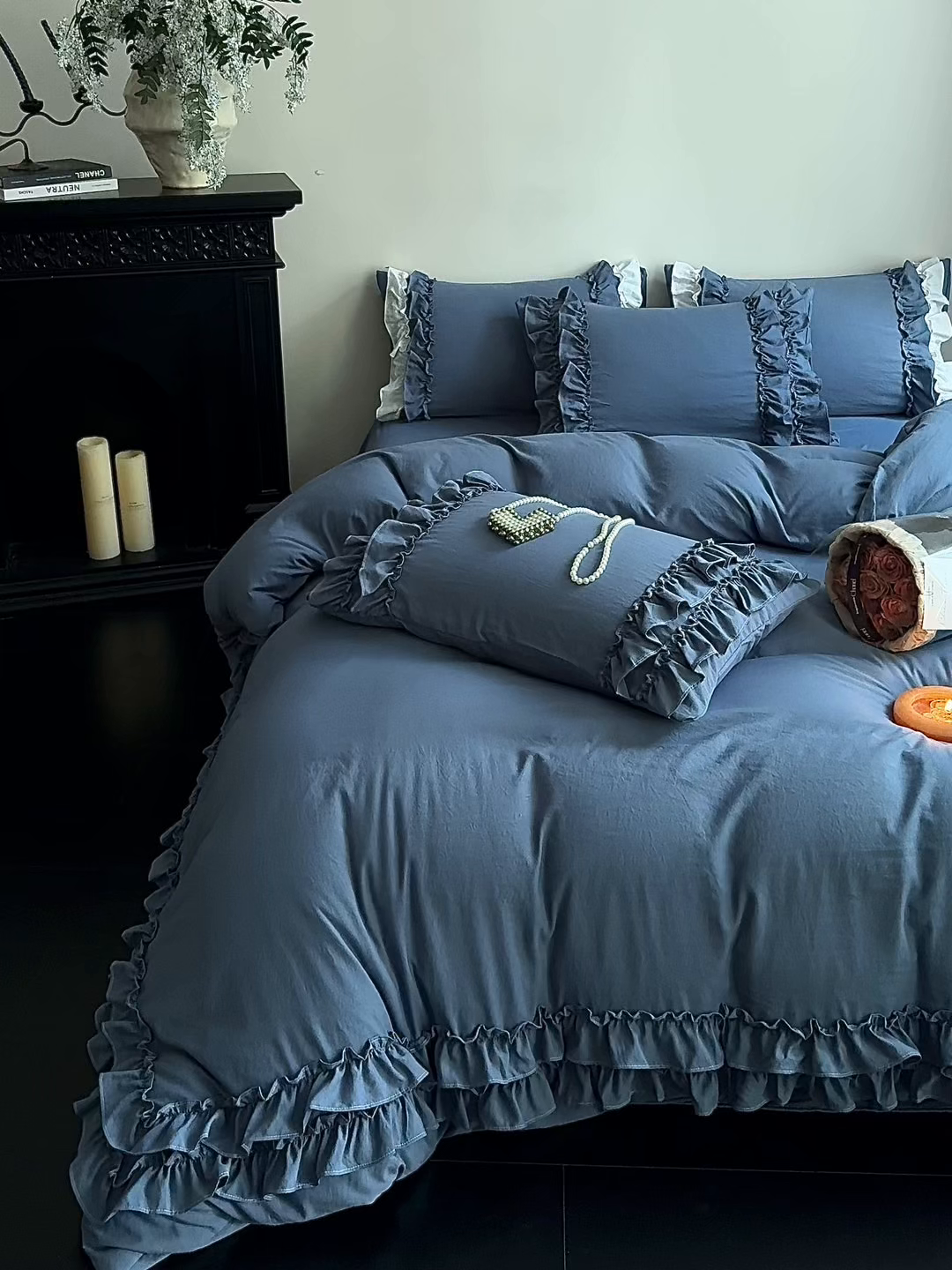 91家纺网 家纺一手货源 找家纺 缘生活 2025新款加厚水洗棉双层荷叶边四件套 双层荷叶边牛仔蓝