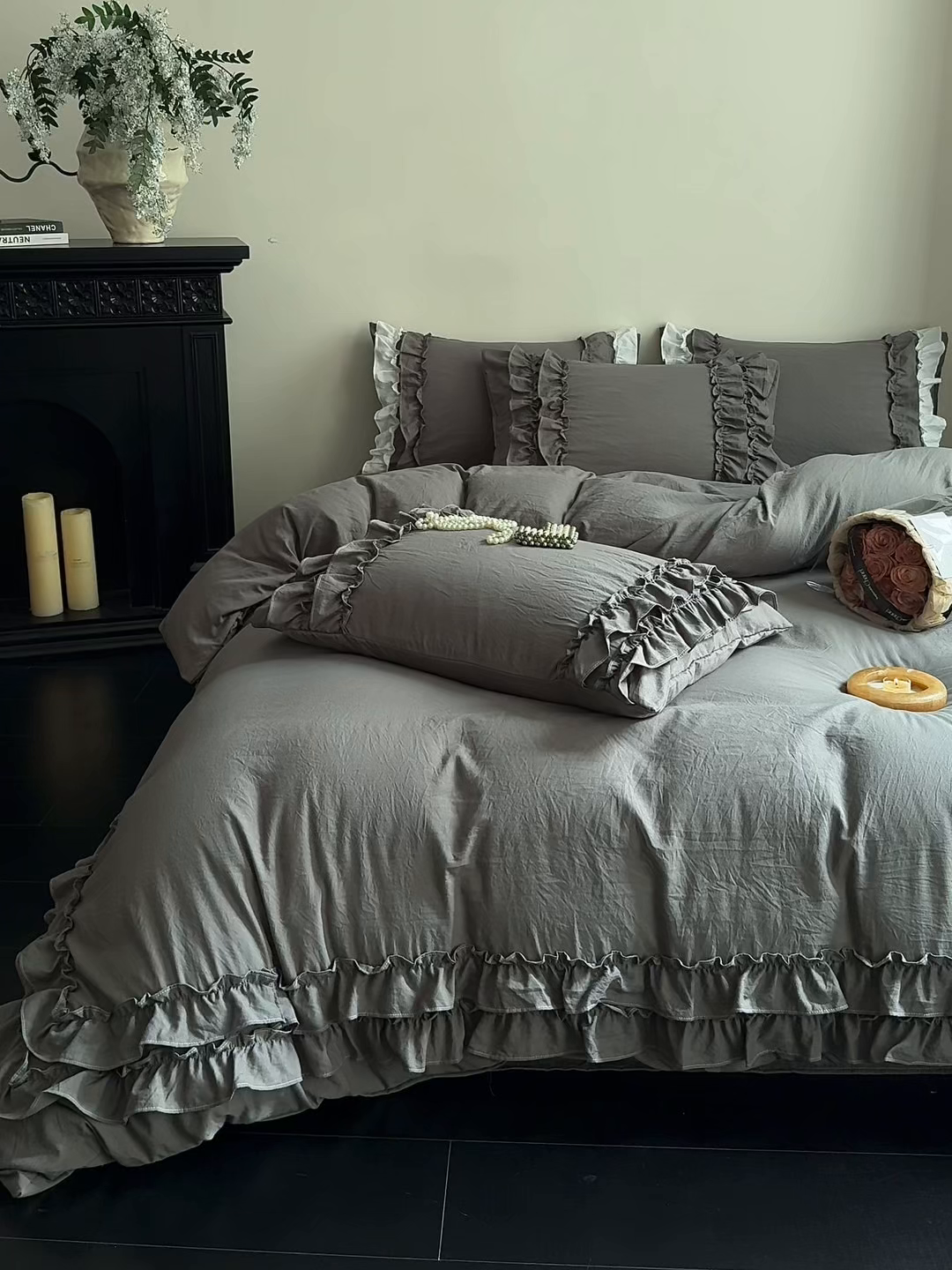 91家纺网 家纺一手货源 找家纺 缘生活 2025新款加厚水洗棉双层荷叶边四件套 双层荷叶边深灰