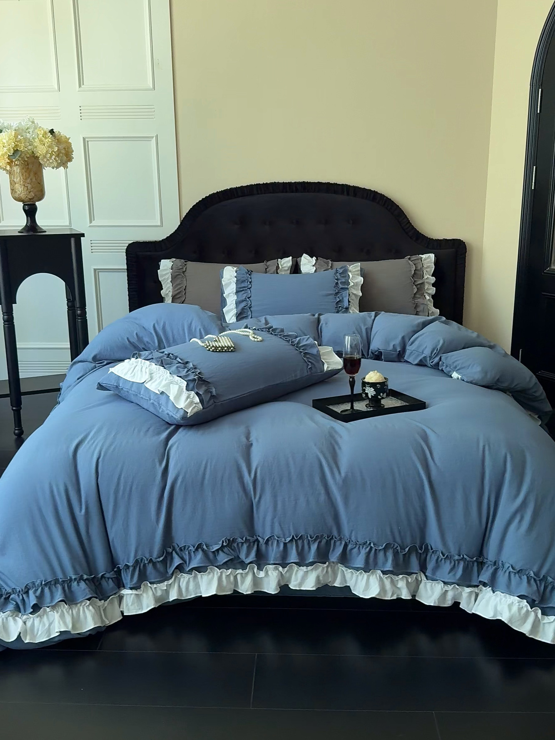 91家纺网 家纺一手货源 找家纺 缘生活 2025新款加厚水洗棉双层荷叶边四件套 双层荷叶边-蓝白