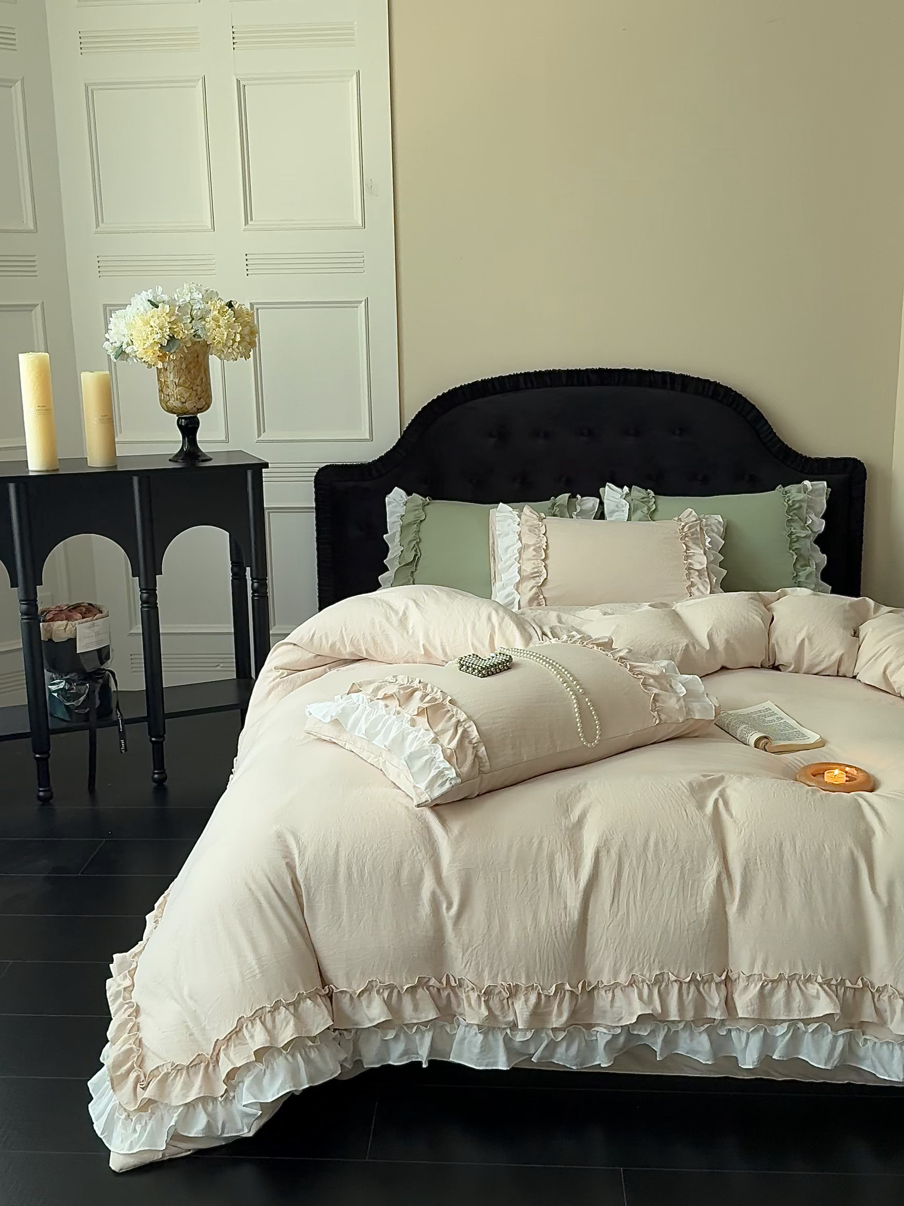 91家纺网 家纺一手货源 找家纺 缘生活 2025新款加厚水洗棉双层荷叶边四件套 双层荷叶边-卡其白