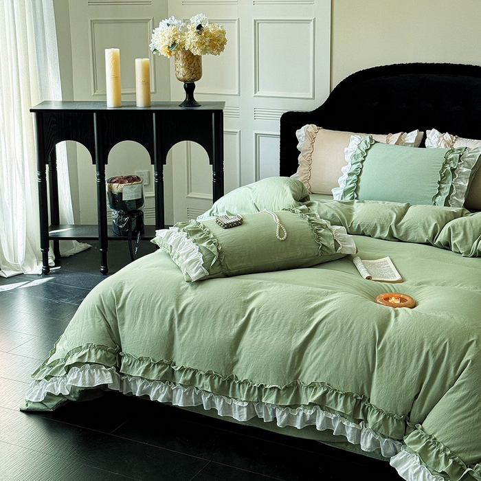 91家纺网 家纺一手货源 找家纺 缘生活 2025新款加厚水洗棉双层荷叶边四件套 双层荷叶边-绿白