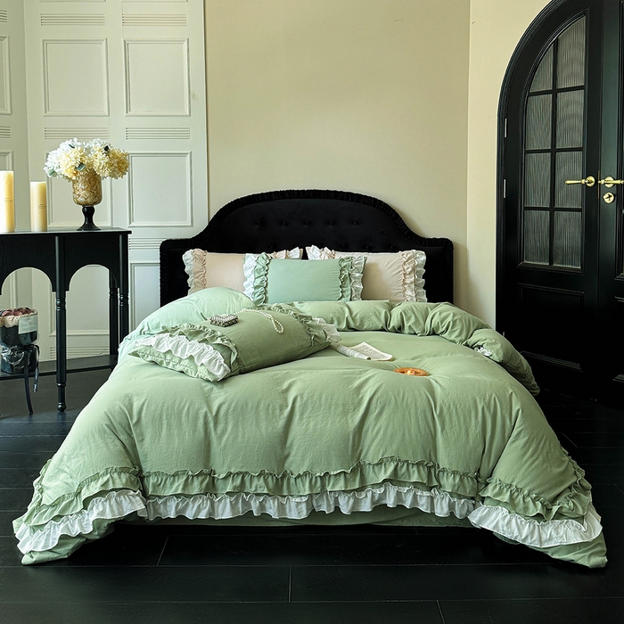 91家纺网 家纺一手货源 找家纺 缘生活 2025新款加厚水洗棉双层荷叶边四件套 双层荷叶边-绿白