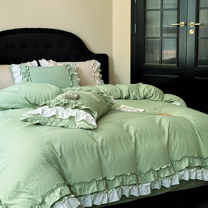 91家纺网 家纺一手货源 找家纺 缘生活 2025新款加厚水洗棉双层荷叶边四件套 双层荷叶边-绿白