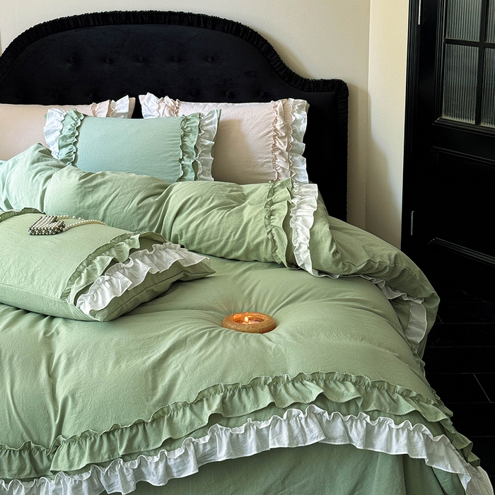 91家纺网 家纺一手货源 找家纺 缘生活 2025新款加厚水洗棉双层荷叶边四件套 双层荷叶边-绿白