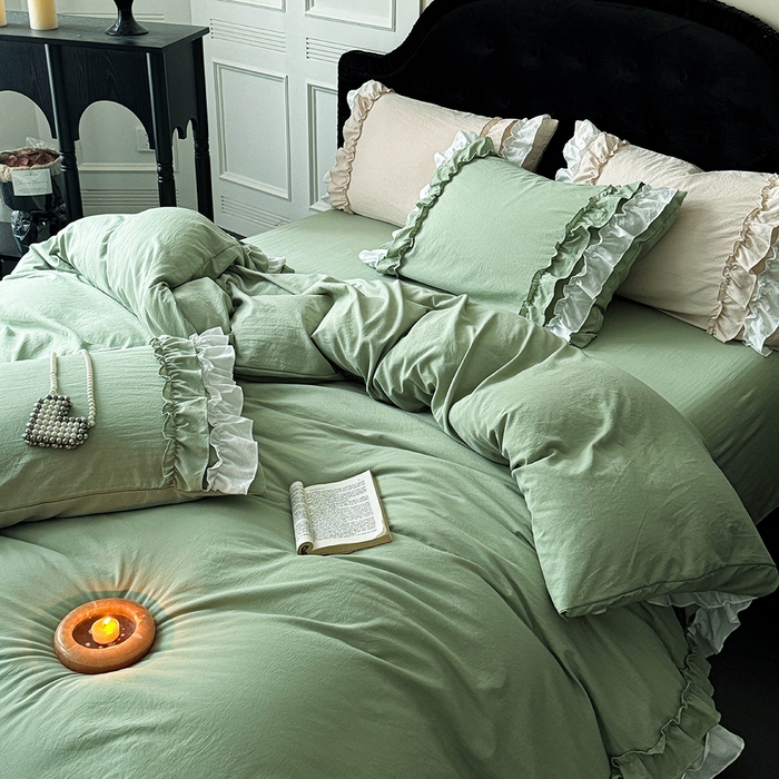 91家纺网 家纺一手货源 找家纺 缘生活 2025新款加厚水洗棉双层荷叶边四件套 双层荷叶边-绿白