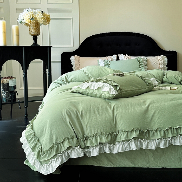 91家纺网 家纺一手货源 找家纺 缘生活 2025新款加厚水洗棉双层荷叶边四件套 双层荷叶边-绿白