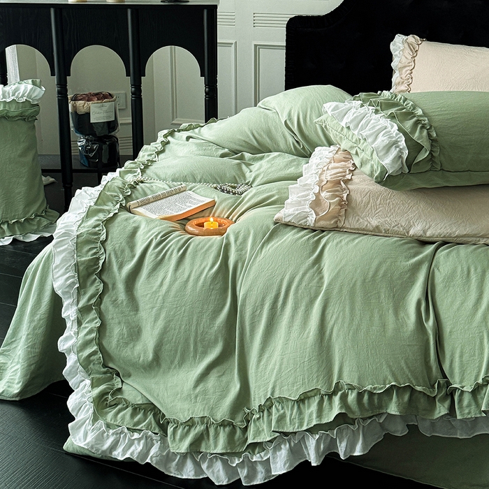 91家纺网 家纺一手货源 找家纺 缘生活 2025新款加厚水洗棉双层荷叶边四件套 双层荷叶边-绿白