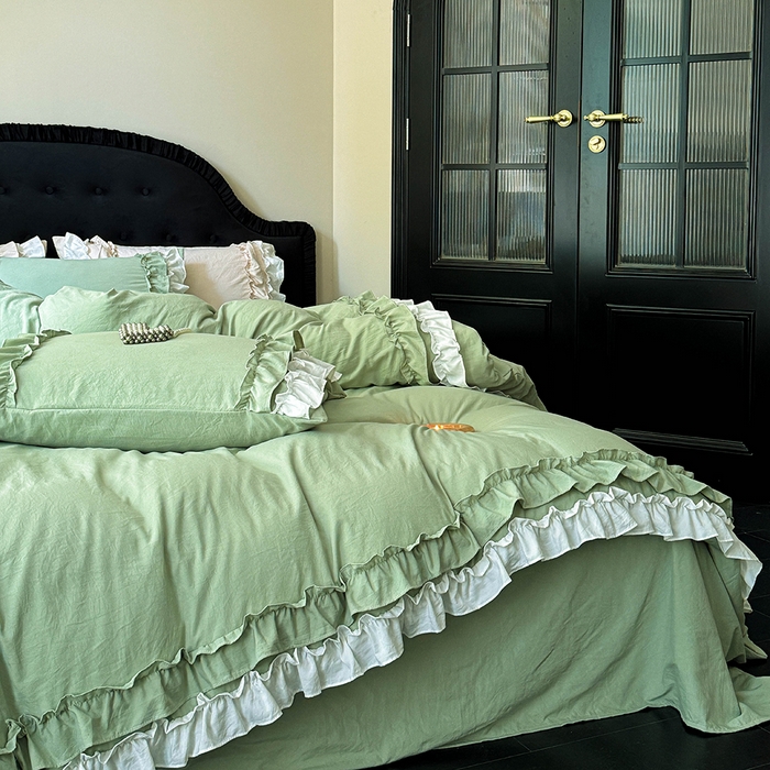 91家纺网 家纺一手货源 找家纺 缘生活 2025新款加厚水洗棉双层荷叶边四件套 双层荷叶边-绿白