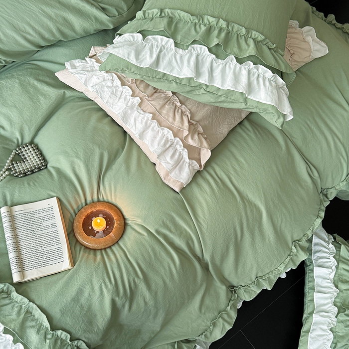 91家纺网 家纺一手货源 找家纺 缘生活 2025新款加厚水洗棉双层荷叶边四件套 双层荷叶边-绿白
