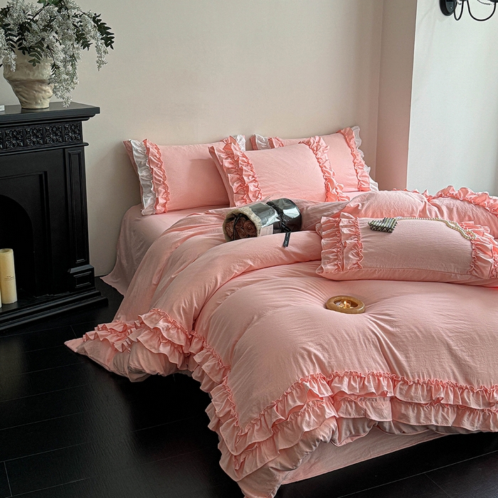 91家纺网 家纺一手货源 找家纺 缘生活 2025新款加厚水洗棉双层荷叶边四件套 双层荷叶边粉色