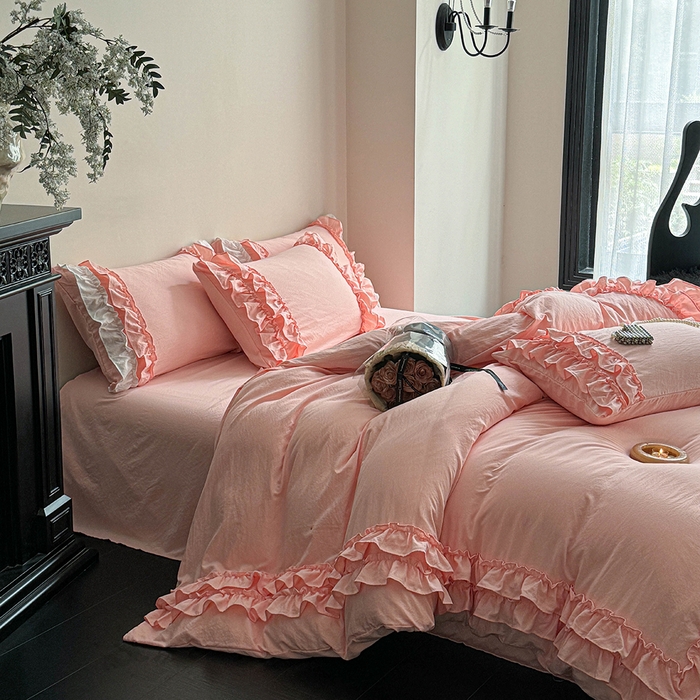 91家纺网 家纺一手货源 找家纺 缘生活 2025新款加厚水洗棉双层荷叶边四件套 双层荷叶边粉色