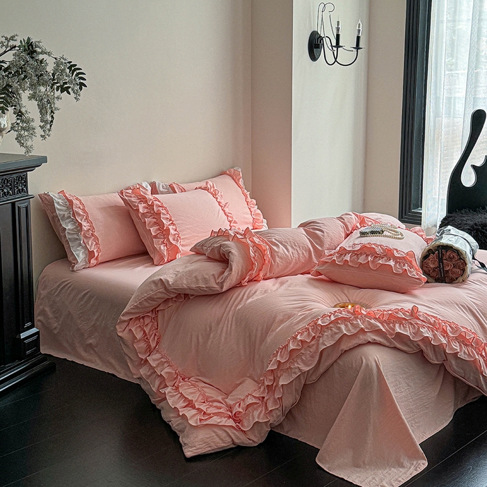 91家纺网 家纺一手货源 找家纺 缘生活 2025新款加厚水洗棉双层荷叶边四件套 双层荷叶边粉色