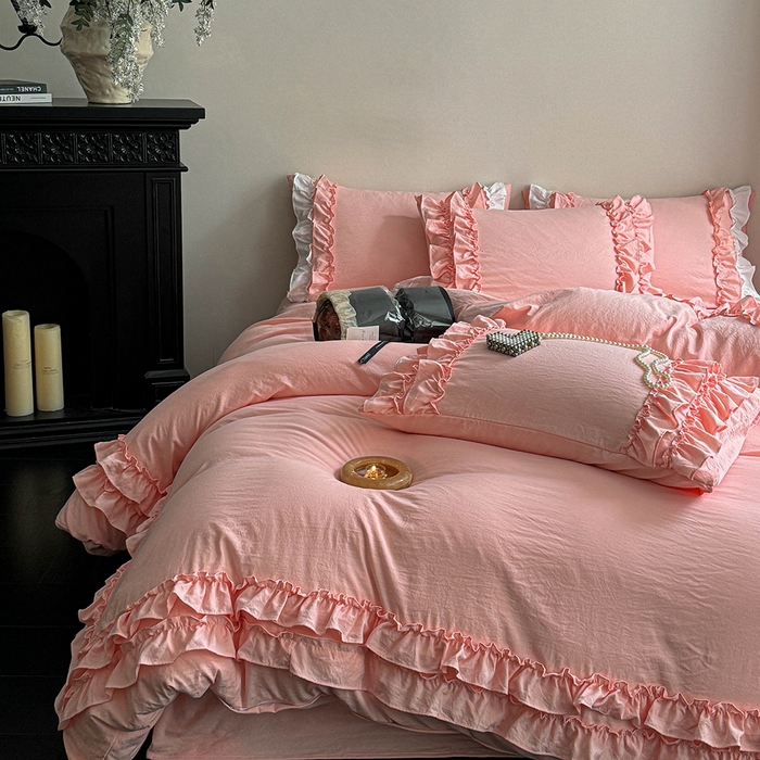 91家纺网 家纺一手货源 找家纺 缘生活 2025新款加厚水洗棉双层荷叶边四件套 双层荷叶边粉色