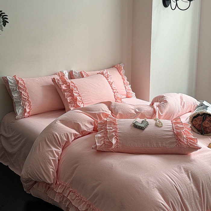 91家纺网 家纺一手货源 找家纺 缘生活 2025新款加厚水洗棉双层荷叶边四件套 双层荷叶边粉色