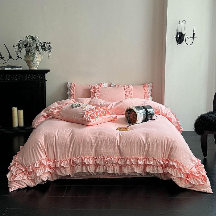 91家纺网 家纺一手货源 找家纺 缘生活 2025新款加厚水洗棉双层荷叶边四件套 双层荷叶边粉色