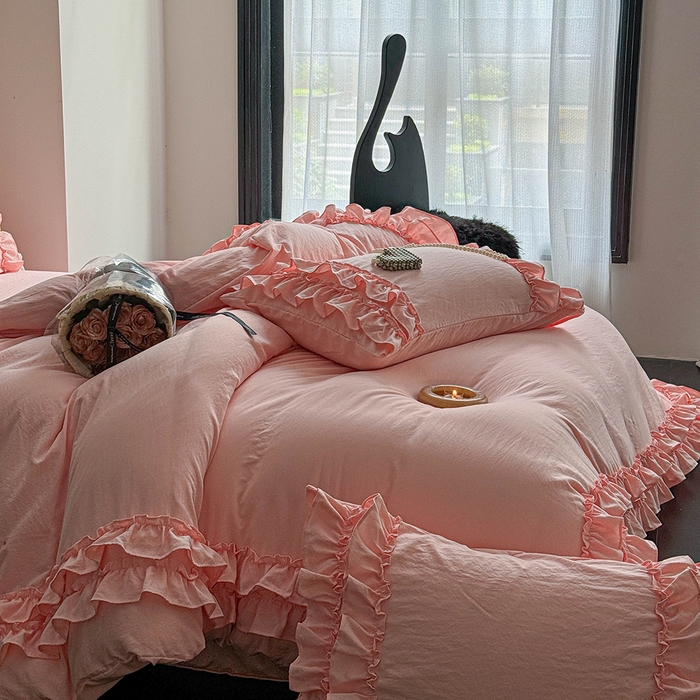 91家纺网 家纺一手货源 找家纺 缘生活 2025新款加厚水洗棉双层荷叶边四件套 双层荷叶边粉色