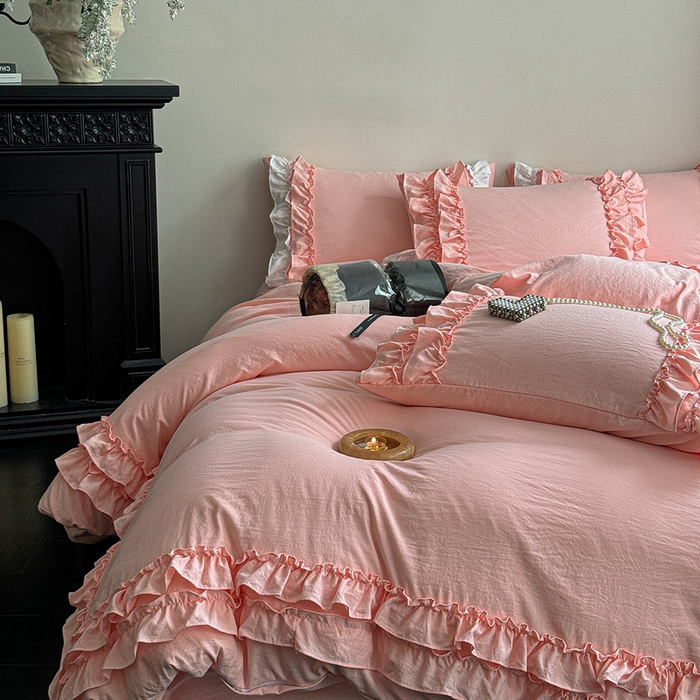 91家纺网 家纺一手货源 找家纺 缘生活 2025新款加厚水洗棉双层荷叶边四件套 双层荷叶边粉色