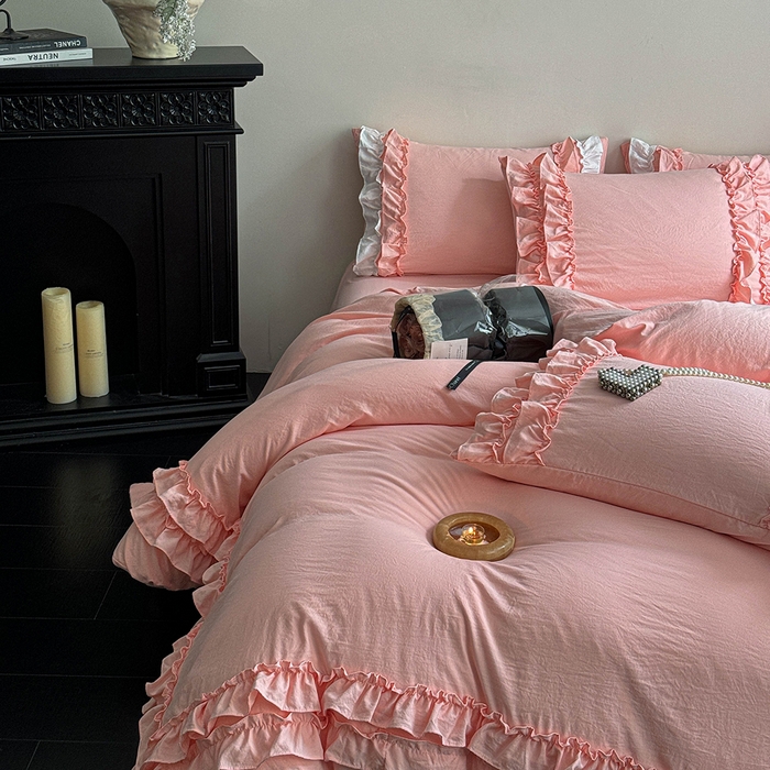 91家纺网 家纺一手货源 找家纺 缘生活 2025新款加厚水洗棉双层荷叶边四件套 双层荷叶边粉色
