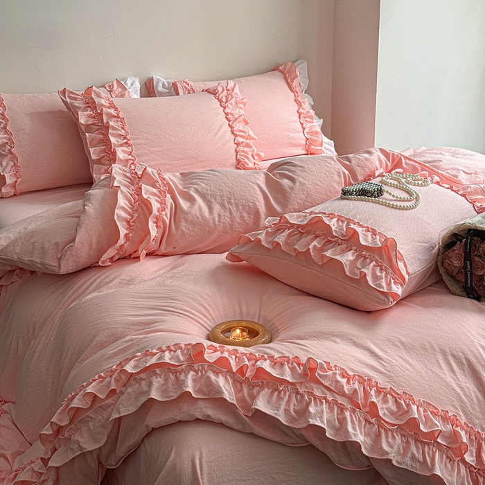 91家纺网 家纺一手货源 找家纺 缘生活 2025新款加厚水洗棉双层荷叶边四件套 双层荷叶边粉色