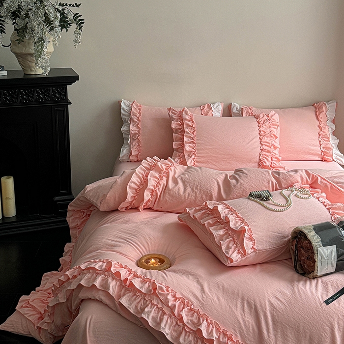 91家纺网 家纺一手货源 找家纺 缘生活 2025新款加厚水洗棉双层荷叶边四件套 双层荷叶边粉色