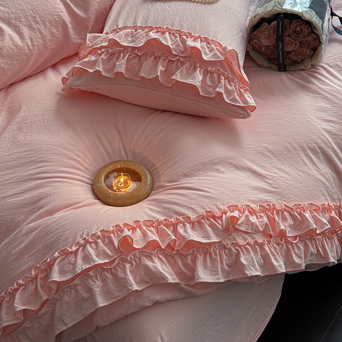 91家纺网 家纺一手货源 找家纺 缘生活 2025新款加厚水洗棉双层荷叶边四件套 双层荷叶边粉色