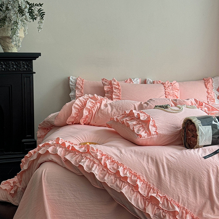 91家纺网 家纺一手货源 找家纺 缘生活 2025新款加厚水洗棉双层荷叶边四件套 双层荷叶边粉色