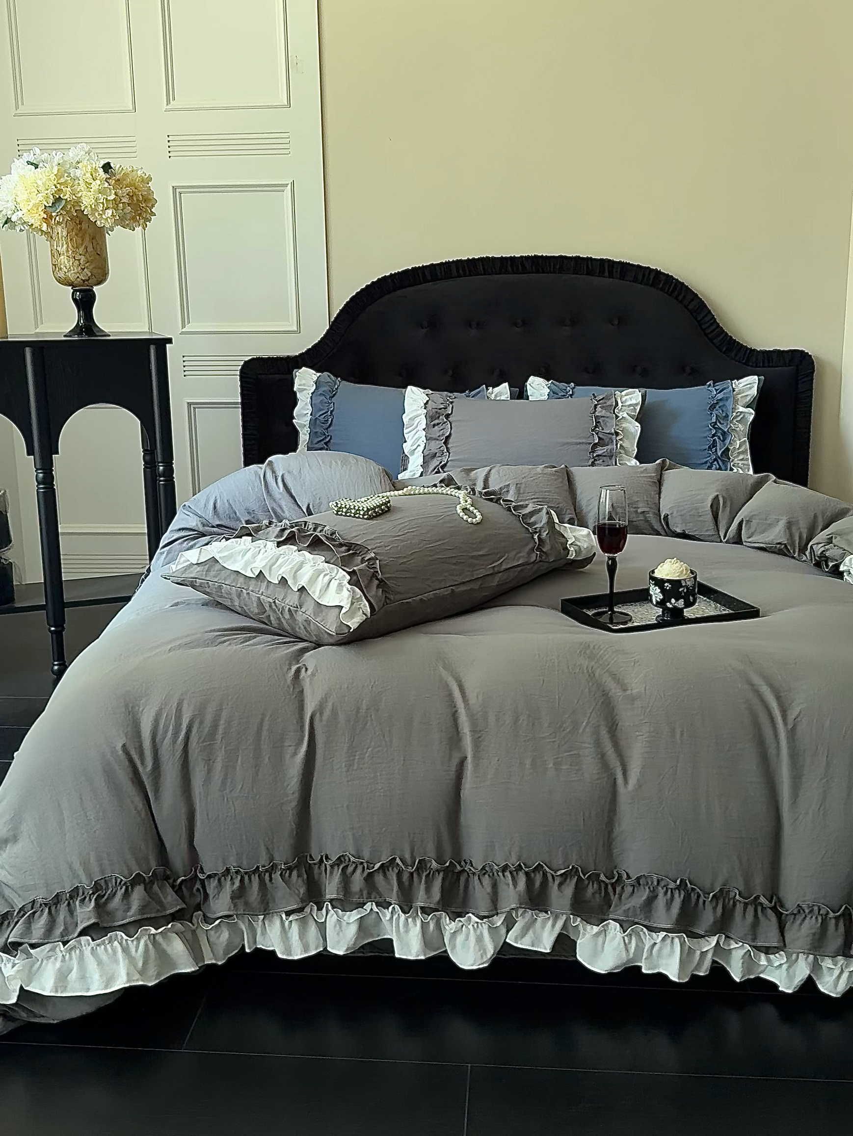 91家纺网 家纺一手货源 找家纺 缘生活 2025新款加厚水洗棉双层荷叶边四件套 双层荷叶边-深灰白