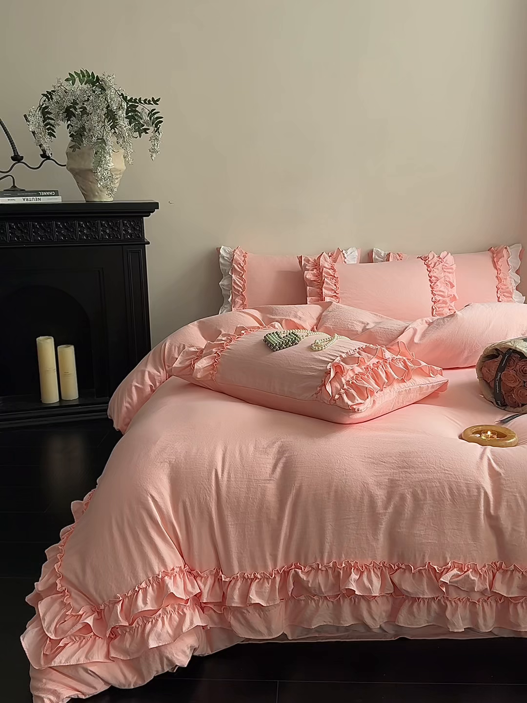 91家纺网 家纺一手货源 找家纺 缘生活 2025新款加厚水洗棉双层荷叶边四件套 双层荷叶边粉色