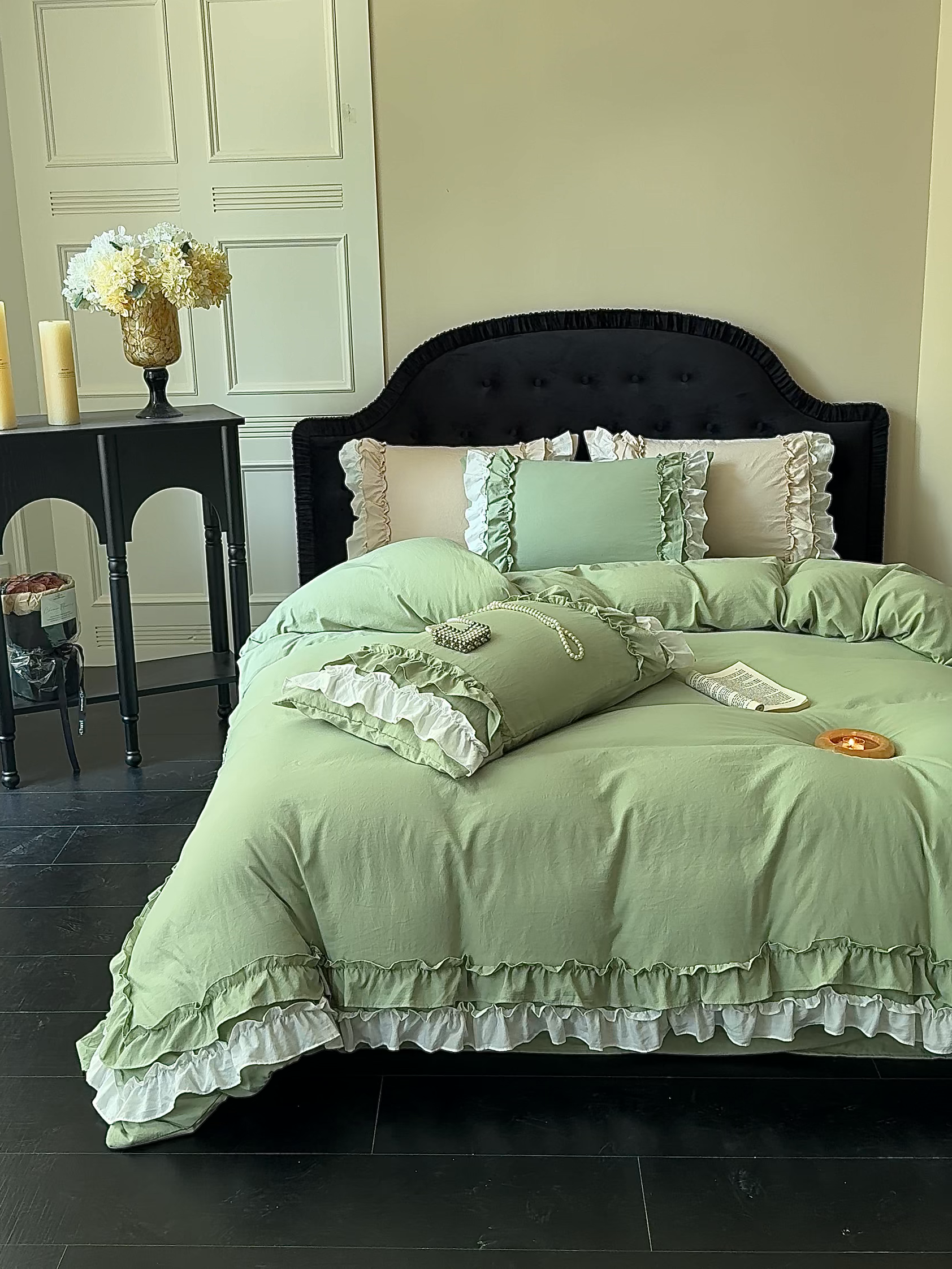 91家纺网 家纺一手货源 找家纺 缘生活 2025新款加厚水洗棉双层荷叶边四件套 双层荷叶边-绿白