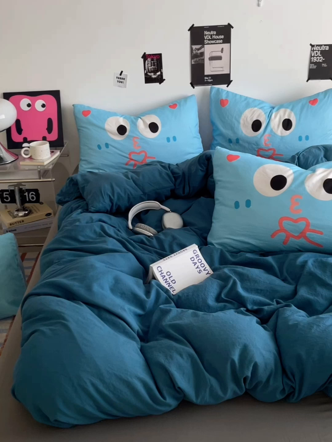 91家纺网 家纺一手货源 找家纺 优卡迪家纺馆 2025新款A类亲肤水洗棉大眼萌纯色混搭四件套 大眼萌-宝兰灰