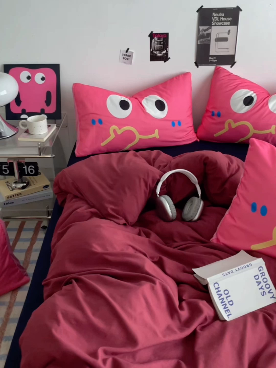 91家纺网 家纺一手货源 找家纺 优卡迪家纺馆 2025新款A类亲肤水洗棉大眼萌纯色混搭四件套 大眼萌-藏青红