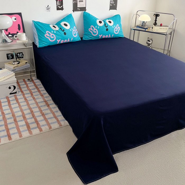 91家纺网 家纺一手货源 找家纺 优卡迪家纺馆 2025新款A类亲肤水洗棉大眼萌纯色混搭四件套 大眼萌-藏青蓝