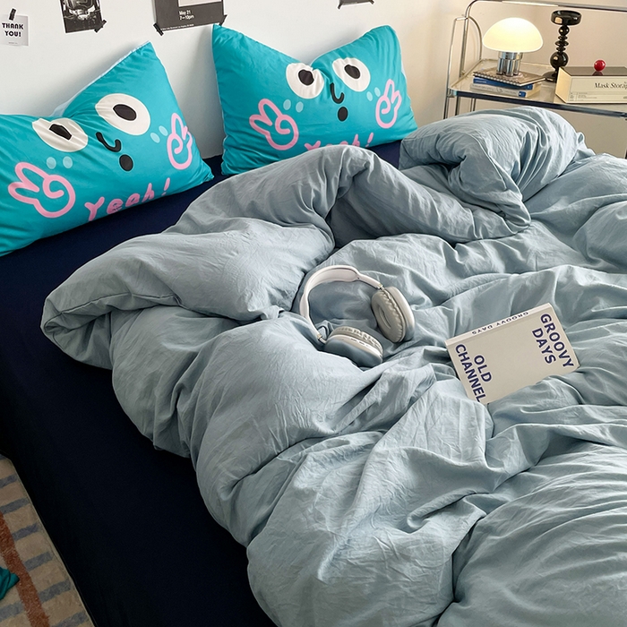 91家纺网 家纺一手货源 找家纺 优卡迪家纺馆 2025新款A类亲肤水洗棉大眼萌纯色混搭四件套 大眼萌-藏青蓝