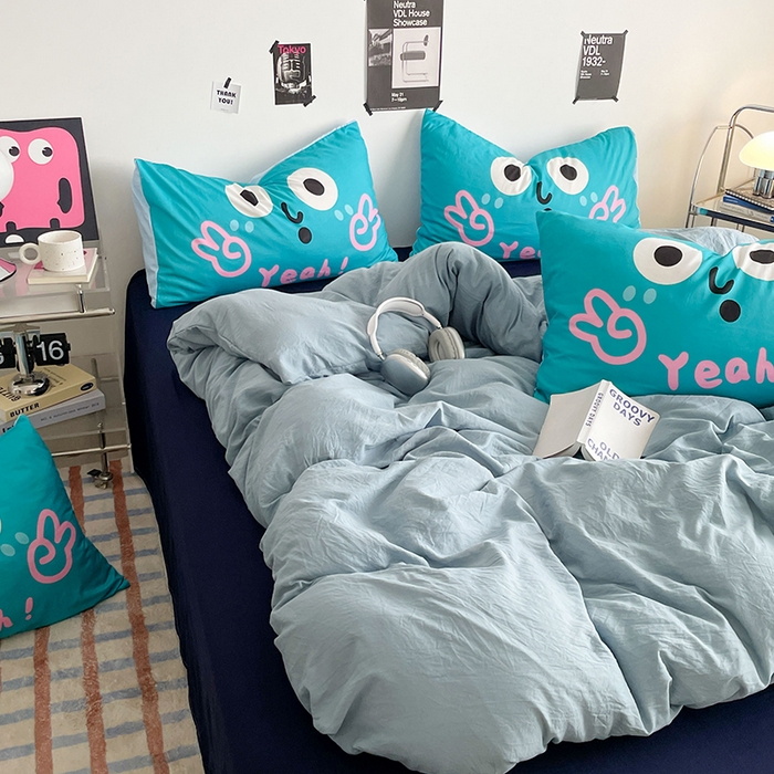 91家纺网 家纺一手货源 找家纺 优卡迪家纺馆 2025新款A类亲肤水洗棉大眼萌纯色混搭四件套 大眼萌-藏青蓝