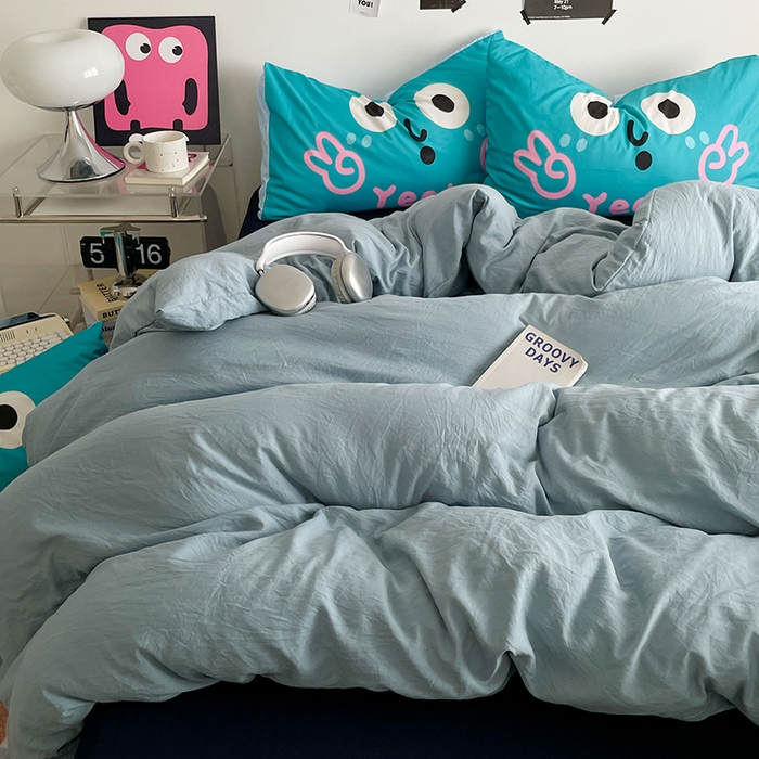 91家纺网 家纺一手货源 找家纺 优卡迪家纺馆 2025新款A类亲肤水洗棉大眼萌纯色混搭四件套 大眼萌-藏青蓝