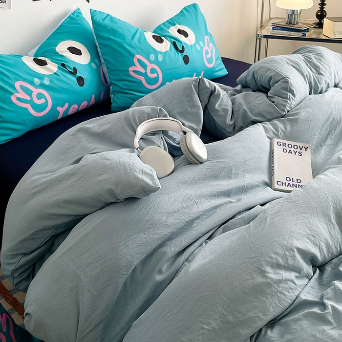 91家纺网 家纺一手货源 找家纺 优卡迪家纺馆 2025新款A类亲肤水洗棉大眼萌纯色混搭四件套 大眼萌-藏青蓝