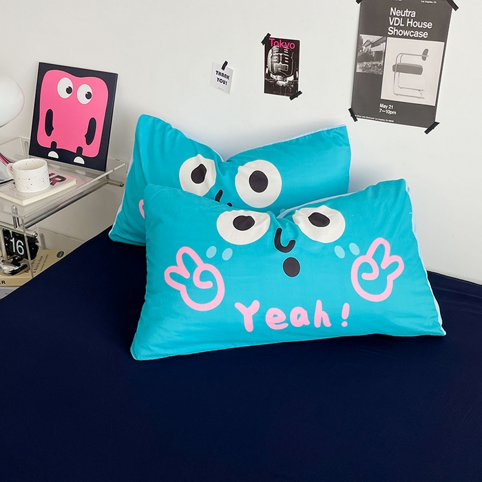 91家纺网 家纺一手货源 找家纺 优卡迪家纺馆 2025新款A类亲肤水洗棉大眼萌纯色混搭四件套 大眼萌-藏青蓝