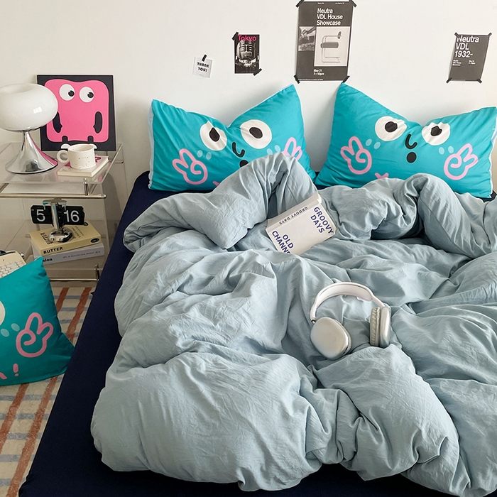 91家纺网 家纺一手货源 找家纺 优卡迪家纺馆 2025新款A类亲肤水洗棉大眼萌纯色混搭四件套 大眼萌-藏青蓝