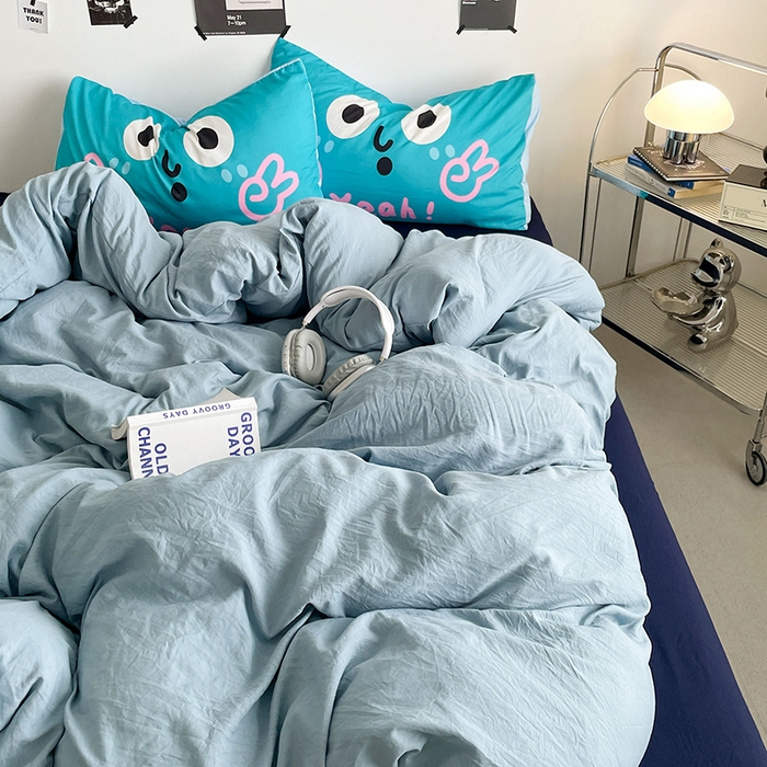 91家纺网 家纺一手货源 找家纺 优卡迪家纺馆 2025新款A类亲肤水洗棉大眼萌纯色混搭四件套 大眼萌-藏青蓝