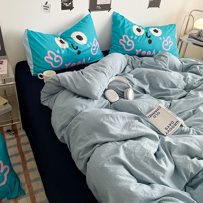 91家纺网 家纺一手货源 找家纺 优卡迪家纺馆 2025新款A类亲肤水洗棉大眼萌纯色混搭四件套 大眼萌-藏青蓝